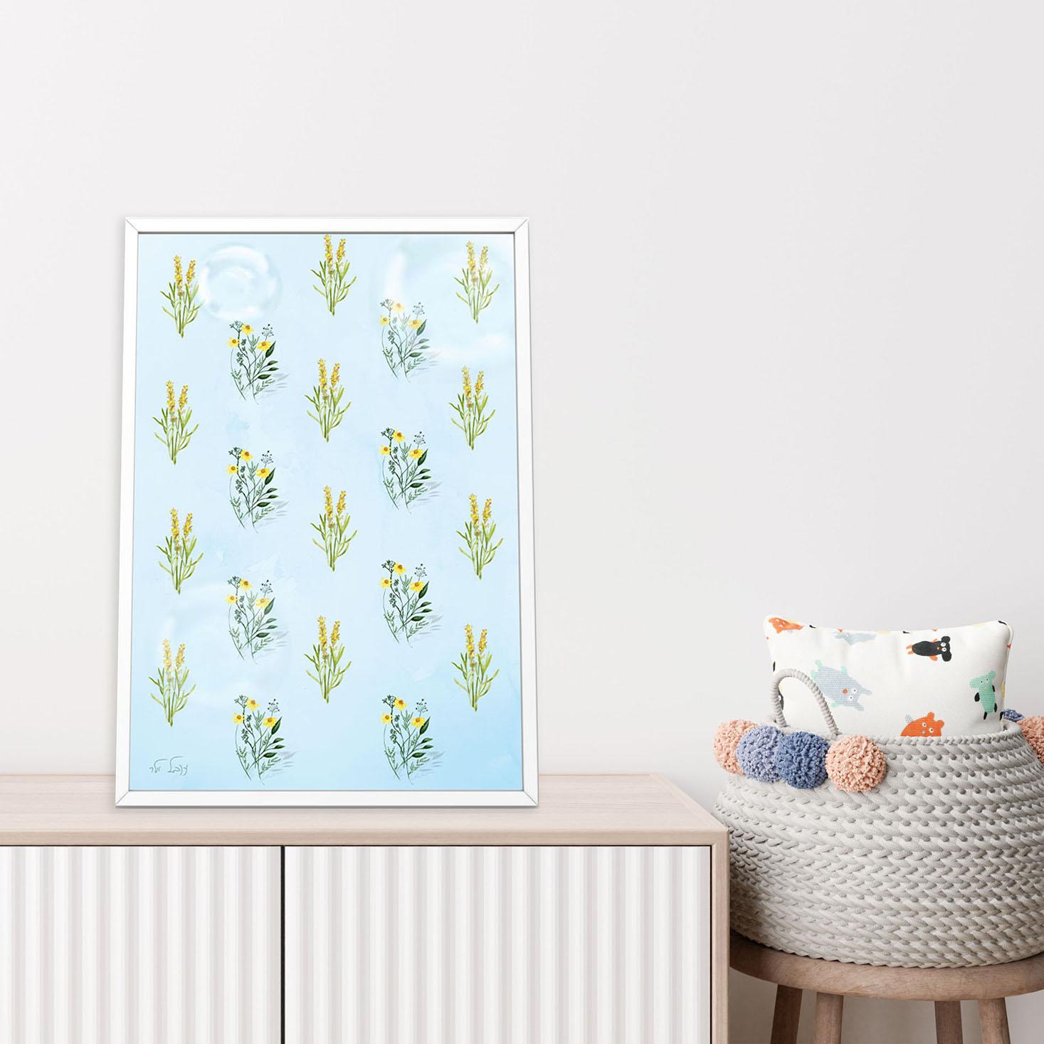 פרחים צהובים על רקע תכלכל הדמיה