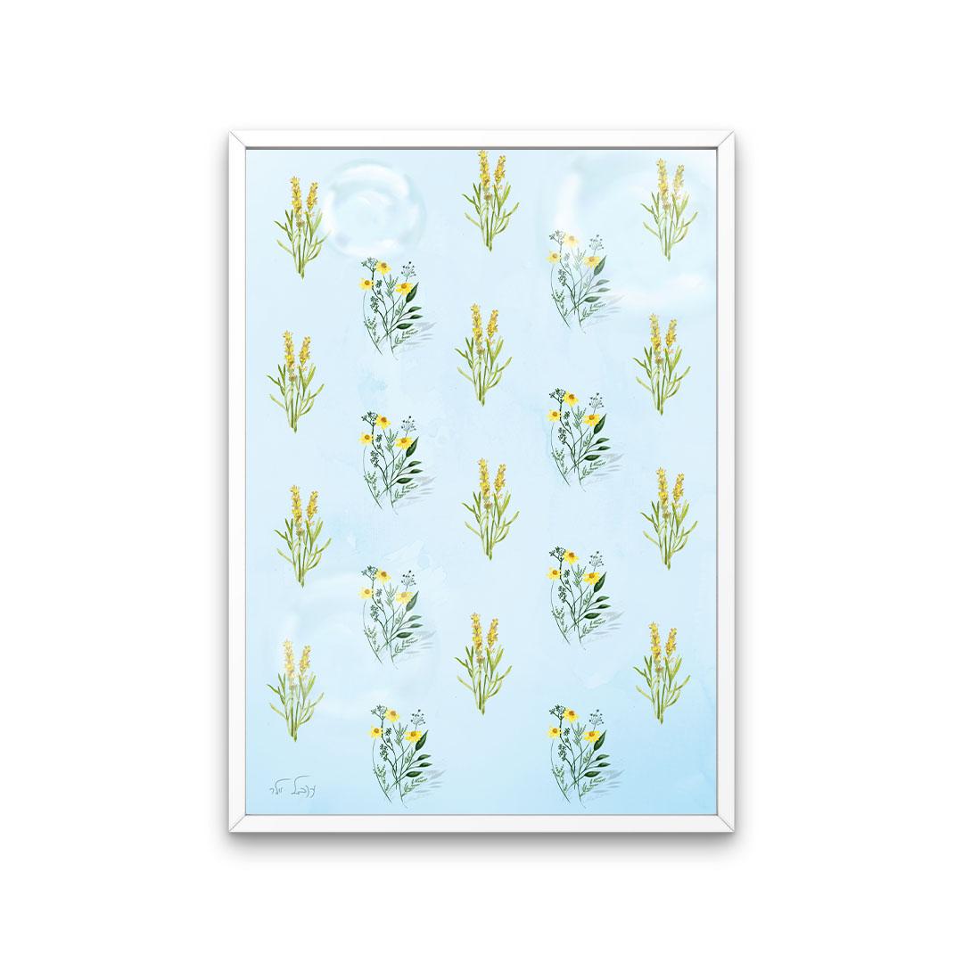 פרחים צהובים על רקע תכלכל מסגרת לבנה