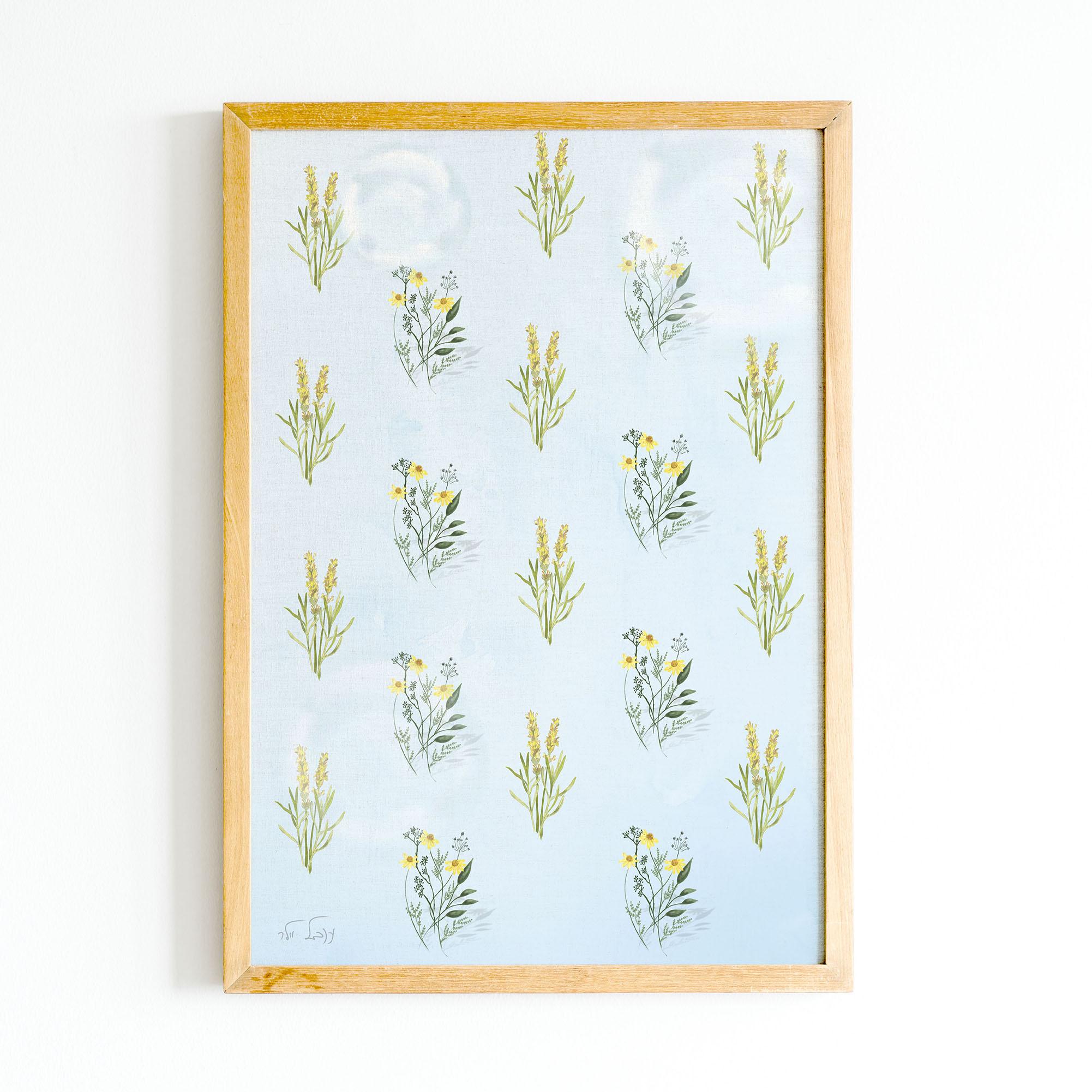 פרחים צהובים על רקע תכלכל מסגרת עץ