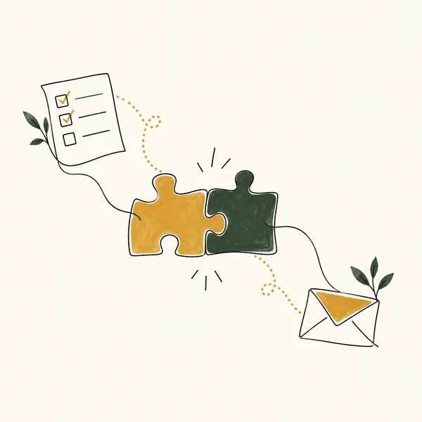 Doodle of two puzzle pieces linked to a checklist and an envelope