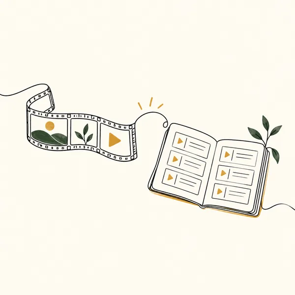 Doodle of a film strip flowing into a notebook of lessons