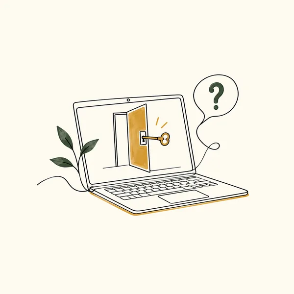 Doodle of a laptop showing a door unlocked by a key