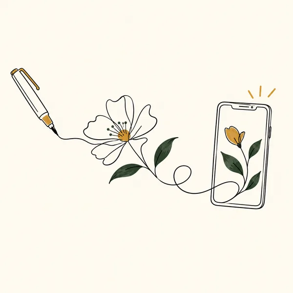 Doodle of a pen drawing a flower that flows into a phone screen