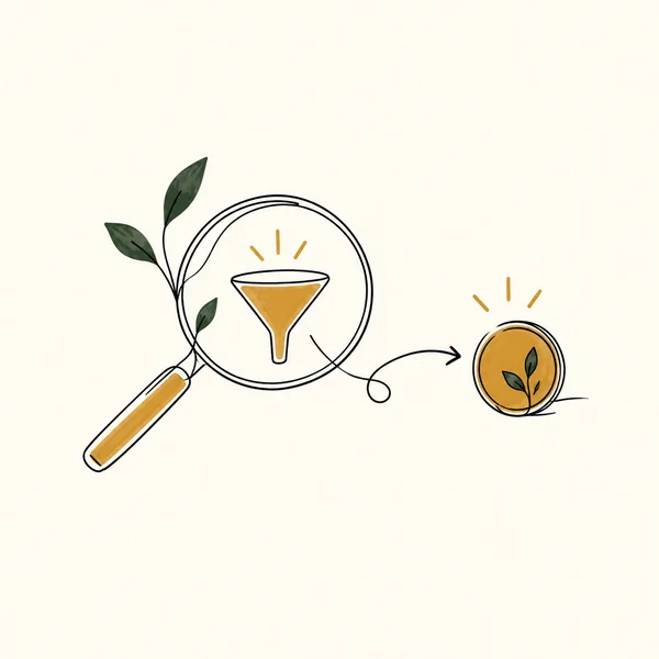 Doodle of a magnifying glass over a funnel leading to a coin