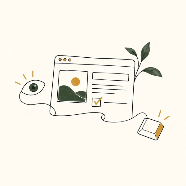 Doodle of a web page with an eye, a checkbox and a keyboard key